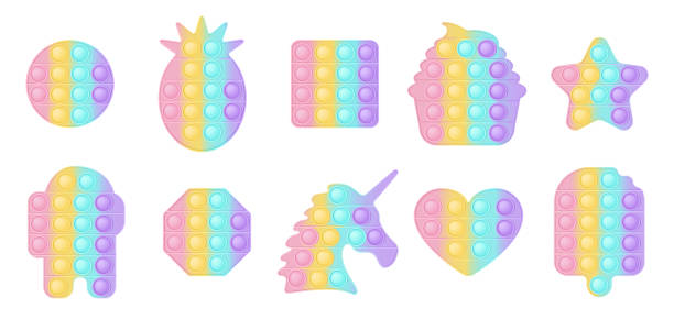 Set of 10 forms pop it a fashionable silicon toys for fidgets. Addictive anti-stress toy in pastel colors. Bubble sensory developing popit for kids. Vector illustration isolated on a white background. Set of 10 forms pop it a fashionable silicon toys for fidgets. Addictive anti-stress toy in pastel colors. Bubble sensory developing popit for kids. Vector illustration isolated on a white background silicone stock illustrations