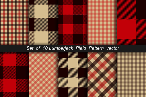 Set of 10 Lumberjack plaid pattern. Lumberjack plaid and buffalo check patterns. Lumberjack plaid tartan and gingham patterns. Vector illustration