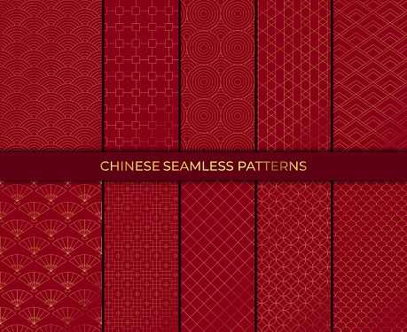 Set of 10 patterns in chinese style. Vector collection of asian backgrounds. Chinese seamless pattern collection. Decorative wallpaper.