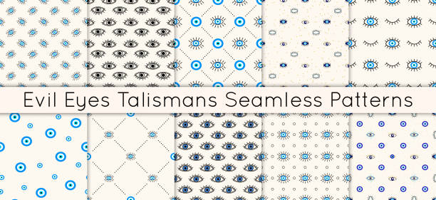 Set of 10 vector seamless patterns with various evil eyes talismans for protection and good luck. Contemporary modern trendy background for digital paper, textile, texture, wrapping paper Set of 10 vector seamless patterns with various evil eyes talismans for protection and good luck. Contemporary modern trendy background for digital paper, textile, texture, wrapping paper. eye backgrounds stock illustrations