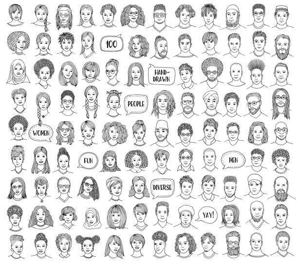 Set of 100 hand drawn and diverse faces Set of 100 hand drawn faces, colorful and diverse portraits of people of different ethnicities facial expression illustrations stock illustrations