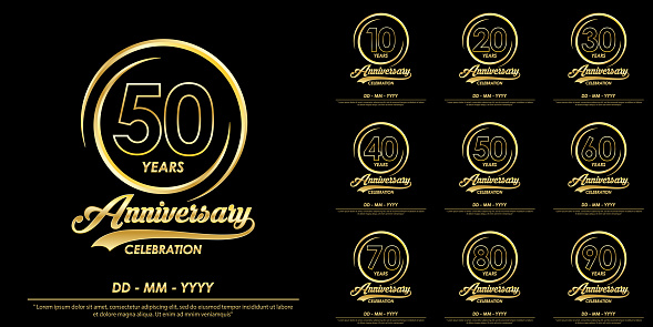 set of 10th-90th years anniversary celebration emblem. elegance golden anniversary logo with ring on black background. vector illustration template design for celebration greeting card and invitation card