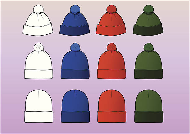Set of 12 assorted beanies Set of 12 assorted beanies, divided in 3 styles/sizes. Each style has its own layer and contains a white, easily modifiable template. The colors are red, blue and green. knit hat stock illustrations