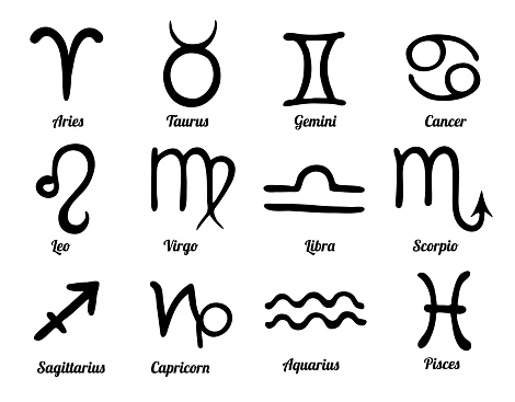 Set Of 12 Hand Drawn Zodiac Signs Black Astrological Symbols Stock ...