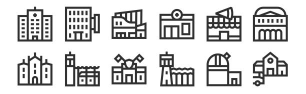 ilustrações de stock, clip art, desenhos animados e ícones de set of 12 thin outline icons such as bus station, airport, prision, pizzeria, mall, hostel for web, mobile - prision