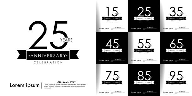 Set of 15-95 Anniversary celebration isolated with ribbon on black & white background. vector illustration template design for web, flyers, leaflet, poster, invitation card or greeting card Set of 15-95 Anniversary celebration isolated with ribbon on black & white background. vector illustration template design for web, flyers, leaflet, poster, invitation card or greeting card anniversary symbols stock illustrations