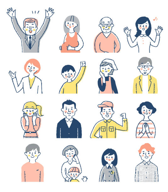A set of 16 laughing men and women People, men, women, smiles, positives, facial expressions, upper body cheerful illustrations stock illustrations
