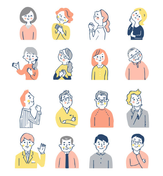 A set of 16 men and women with various expressions Person, conversation, communication, Japanese, facial expression emotional series stock illustrations