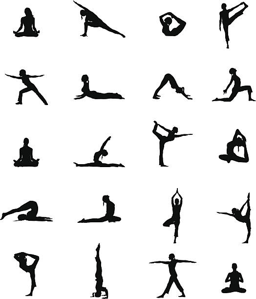 Set Of 20 Yoga Positions Black Vector Silhouettes Illustration Set Of 20 Yoga Positions Black Vector Silhouettes Illustration yoga silhouettes stock illustrations