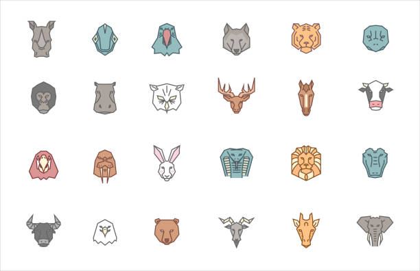 24 동물 머리의 집합입니다. 부족 기하학적 스타일과 유행 색상 세트에서 벡터 동물원 아이콘 컬렉션입니다. 채워진 외곽선 스타일의 이국적인, 야생 및 국내 동물의 도면 - 동물 머리 stock illustrations