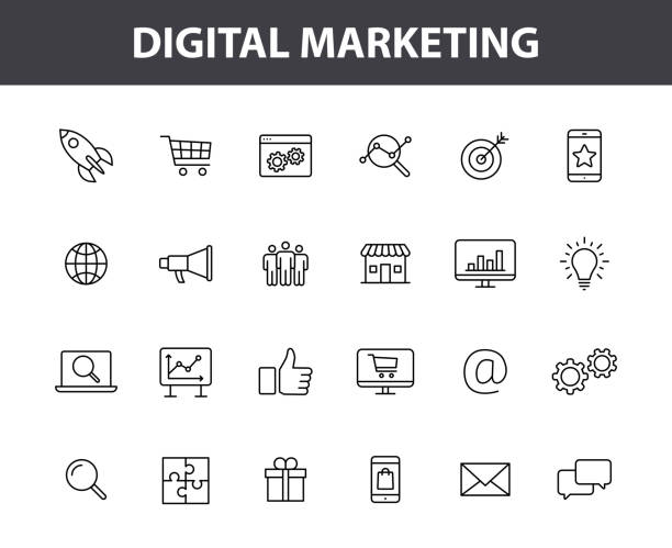라인 스타일의 24 디지털 마케팅 웹 아이콘의 집합입니다. 소셜, 네트워크, 피드백, 커뮤니케이션, 마케팅, 전자 상거래. 벡터 그림입니다. - 디지털 마케팅 stock illustrations