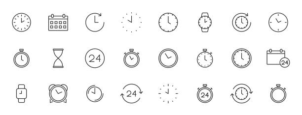Set of 24 Time and clock web icons in line style. Timer, Speed, Alarm, Calendar. Vector illustration. vector art illustration