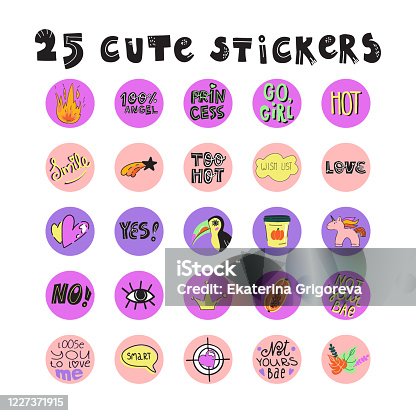 istock Set of 25 trendy hand drawn doodle style stickers with lettering and illustrations - smart, wish list, smile, not your bae, love, princess and others. 1227371915