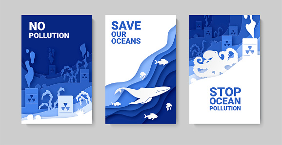 Set of 3 campaign poster to protect the ocean from pollution. Layered paper-style design. Ecology and environmental protection. Vector
