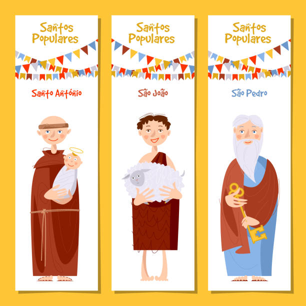 ilustrações de stock, clip art, desenhos animados e ícones de set of 3 universal greeting cards  and bookmarks with saint anthony, saint john, saint peter (santo antônio, são joão, são pedro). template. - alentejo