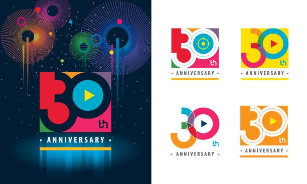 Set of 30th Anniversary logotype design, Thirty years Celebrating Anniversary Set of 30th Anniversary logotype design, Thirty years Celebrating Anniversary Sign, Colorful Logo for celebration event, invitation, greeting, web template, Flyer and booklet, Play symbol, Colors logo vector anniversary designs stock illustrations