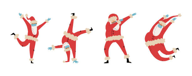 stockillustraties, clipart, cartoons en iconen met reeks van 4 gelukkige dansende kerstman in medisch gezichtsmasker en latexhandschoenen in diverse grappige stelt, zoals deppen, springende pas, onderbrekingsdans. hand-drawn vector geïsoleerde illustratie. - christmas funny