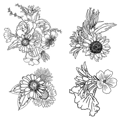 Set of 4 vintage floral vector bouquet of Petunia, Coneflower, Aster, Poppy, Chamomile, Rose and wild flowers.