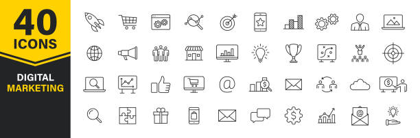 zestaw 40 ikon internetowych marketingu cyfrowego w stylu liniowym. social, sieci, opinie, komunikacja, marketing, e-commerce. ilustracja wektorowa. - handel elektroniczny stock illustrations