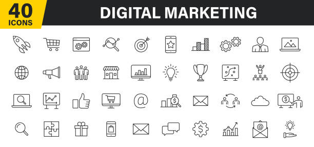 라인 스타일의 40 디지털 마케팅 웹 아이콘의 집합입니다. 소셜, 네트워크, 피드백, 커뮤니케이션, 마케팅, 전자 상거래. 벡터 그림입니다. - 디지털 마케팅 stock illustrations