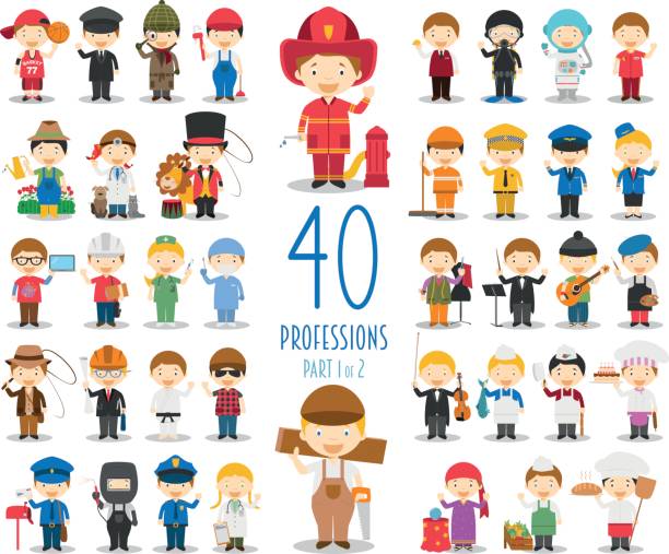 ilustraciones, imágenes clip art, dibujos animados e iconos de stock de conjunto de 40 profesiones en estilo de dibujos animados. - firefighters