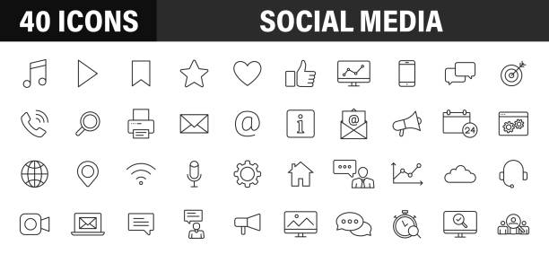 Set of 40 Social Media web icons in line style. Contact, digital, social networks, technology, website. Vector illustration. Set of 40 Social Media icons in line style. Contact, digital, social networks, technology, website. Vector illustration social media icons stock illustrations