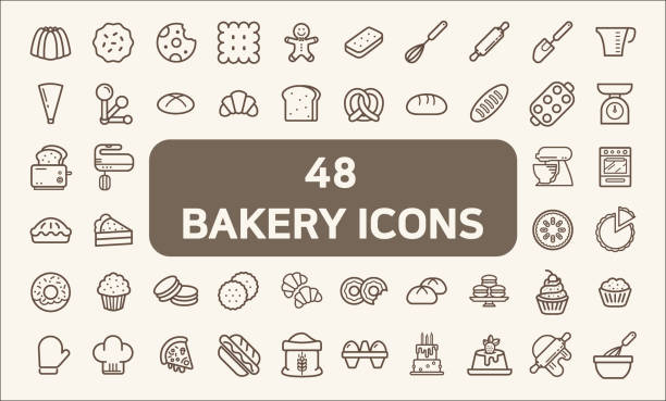 Set of 48 bakery and dessert Icons line style. Contains such Icons as cookie, pudding, oven, kitchen tools, doughnut, bread, macaroon, muffin And Other Elements. 
customize color, easy resize. baking illustrations stock illustrations