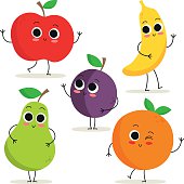 Adorable collection of five cartoon fruit characters isolated on white: apple, pear, plum, banana and orange