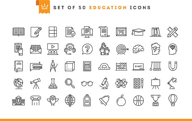 ilustrações de stock, clip art, desenhos animados e ícones de conjunto de 50 ícones de educação, estilo de linha fina - sala de aula universidade arte