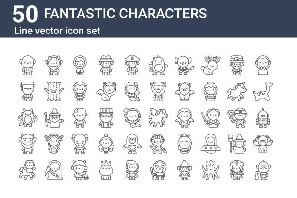 set of 50 fantastic characters icons. outline thin line icons such as cyclops, centaur, krampus, dragon, frankenstein, faun, pegasus set of 50 fantastic characters icons. outline thin line icons such as cyclops, centaur, krampus, dragon, frankenstein, faun, pegasus loch ness monster stock illustrations