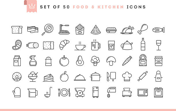 bildbanksillustrationer, clip art samt tecknat material och ikoner med set of 50 food and kitchen icons, thin line style - fisk med stekt svamp