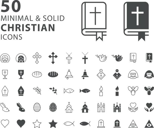 ilustrações de stock, clip art, desenhos animados e ícones de set of 50 minimal and solid christian icons on white background - cristianismo