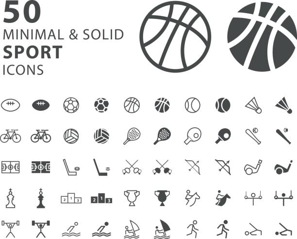 ilustraciones, imágenes clip art, dibujos animados e iconos de stock de set de 50 iconos de deporte mínimo y sólida sobre fondo blanco - artículos deportivos