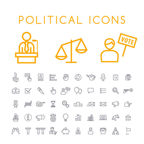 ilustraciones, imágenes clip art, dibujos animados e iconos de stock de set de 50 iconos políticos mínimos delgada línea sobre fondo blanco. elementos vector aislado - senate