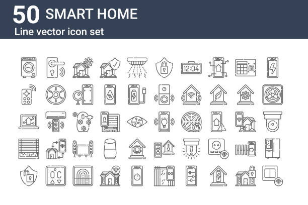 stockillustraties, clipart, cartoons en iconen met set van 50 smart home iconen. overzicht dunne lijn pictogrammen zoals schakelaar, veiligheid, venster, laptop, afstandsbediening, handvat, lamp - rookmelder