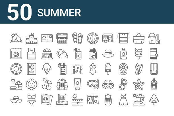ilustrações de stock, clip art, desenhos animados e ícones de set of 50 summer icons. outline thin line icons such as popsicle, pamela hat, beach, life saver, calendar, sand castle, swimsuit, watermelon, ice cream, snorkle - beach towel