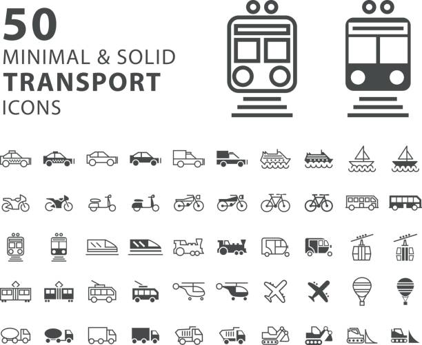 stockillustraties, clipart, cartoons en iconen met set van 50 vervoer minimaal en solide pictogrammen op witte achtergrond - train travel