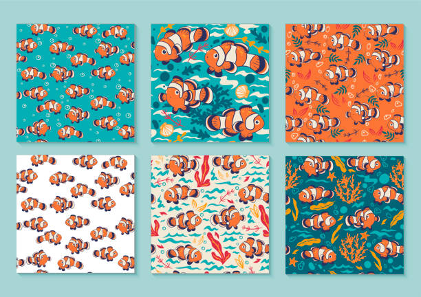 Set of 6 bright seamless patterns with clown fish. Vector graphics. Set of 6 bright seamless patterns with clown fish. Vector image stylized underwater nature set of icons stock illustrations
