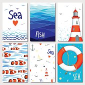 Set of 6 lovely cards templates with marine design. A lot of nautical elements. Vector illustration. 
