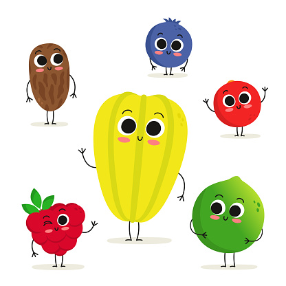 Set of 6 cute cartoon fruit and berry characters isolated on white