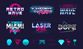 istock Set of 6 Retro neon logo templates and 10 trendy elements to create your own design. Print for t-shirt, typography. Trendy retro 80's design for logo, label, banner, poster. Vector illustration 1311318562