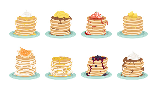 Set of 8 types of pancakes. A stack of fried pancakes on the plate. Delicious breakfast. Cartoon vector illustration.