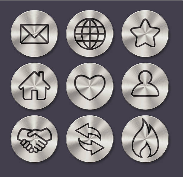 Set of 9 assorted metal button icons Collection of vector alluminium icons (buttons). Very detailed illustration. metal icons stock illustrations