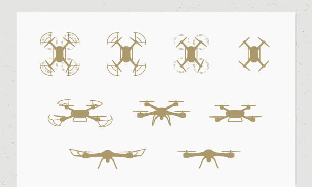 Set of 9 drone icons isolated on white background. Drone silhouettes - front and side views. 9 trendy design elements for create logo, label, emblem, poster. Vector illustration drone clipart stock illustrations