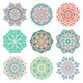 Set of 9 hand-drawn colorful vector Arabic mandala on white background. Round abstract ethnic oriental ornaments.