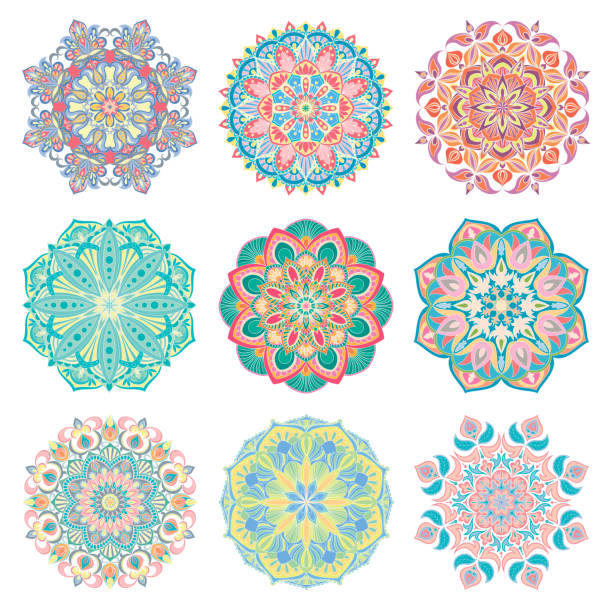 Set of 9 hand-drawn colorful vector Arabic colorful mandalas on white background. Set of 9 hand-drawn colorful vector Arabic mandala on white background. Round abstract ethnic oriental ornaments. kaleidoscope stock illustrations