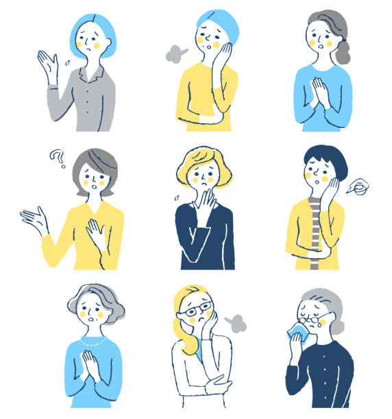 A set of 9 middle-aged and older women in trouble Female, negative, upper body, facial expression older woman stock illustrations