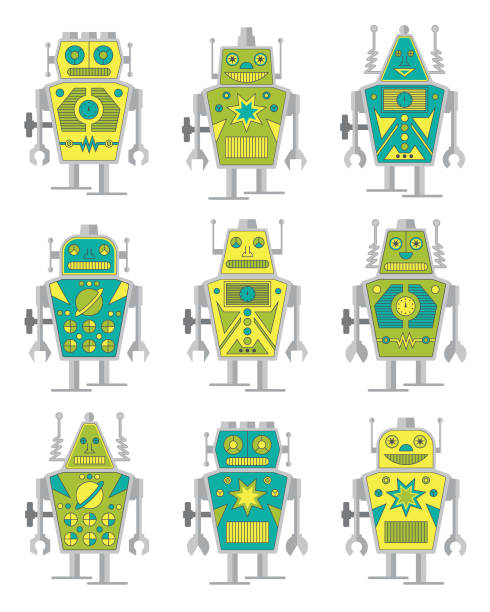 набор из 9 иллюстраций персонажа-робота-игрушка на белом фоне - johnson & johnson stock illustrations