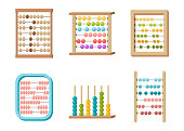 Set of Abacus, Toy with Colorful Beads for Kids Mind Development. Mathematics Calculator, Math Learning, Educational Equipment Design Elements Isolated on White Background. Cartoon Vector Illustration