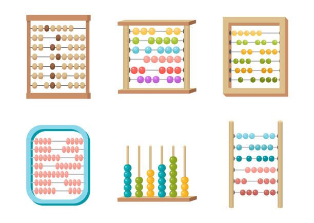 Set of Abacus, Toy with Colorful Beads for Kids Mind Development. Mathematics Calculator, Math Educational Equipment Set of Abacus, Toy with Colorful Beads for Kids Mind Development. Mathematics Calculator, Math Learning, Educational Equipment Design Elements Isolated on White Background. Cartoon Vector Illustration abacus stock illustrations
